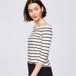 LOFT Off the Shoulder Tee NWT Black/White Stripe